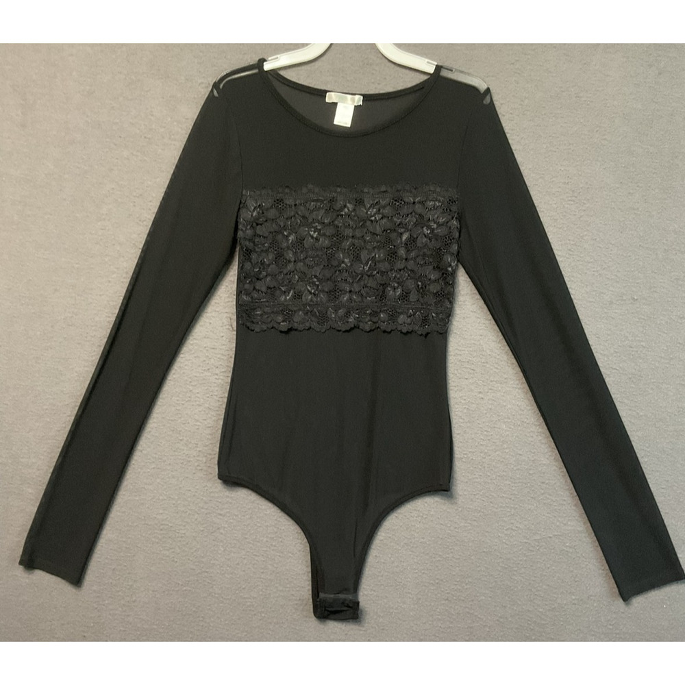 Soho Apparel Bodysuit Womens Small Black Long Sleeve Lace Floral Sheer Stretchy